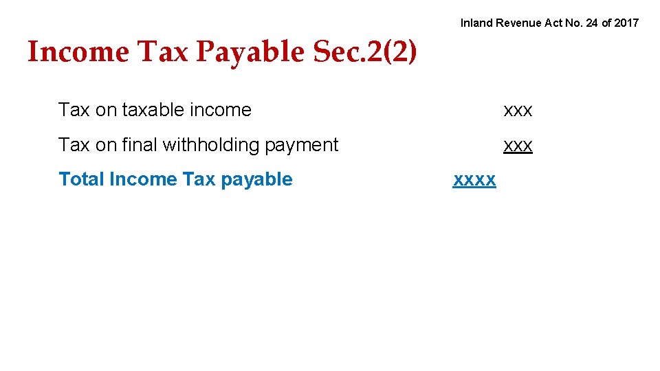 Inland Revenue Act No. 24 of 2017 Income Tax Payable Sec. 2(2) Tax on