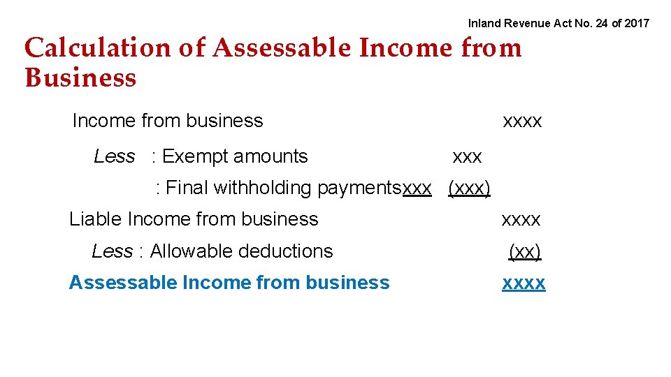 Inland Revenue Act No. 24 of 2017 Calculation of Assessable Income from Business Income