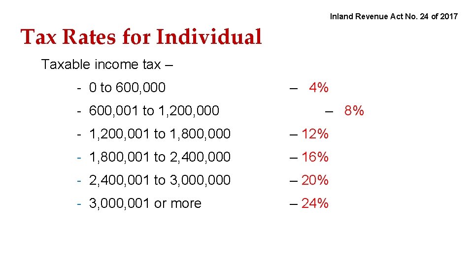 Inland Revenue Act No. 24 of 2017 Tax Rates for Individual Taxable income tax