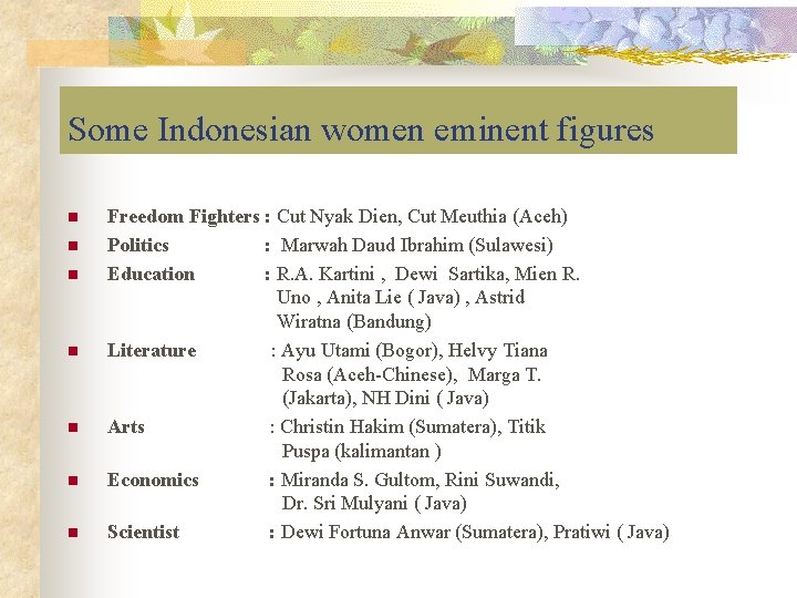 Some Indonesian women eminent figures n n n n Freedom Fighters : Cut Nyak
