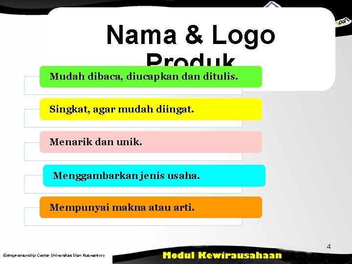 Nama & Logo Produk Mudah dibaca, diucapkan ditulis. Singkat, agar mudah diingat. Menarik dan