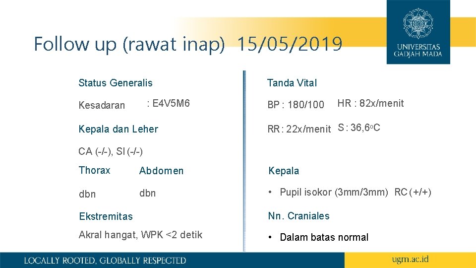 Follow up (rawat inap) 15/05/2019 Status Generalis : E 4 V 5 M 6