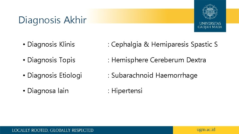 Diagnosis Akhir • Diagnosis Klinis : Cephalgia & Hemiparesis Spastic S • Diagnosis Topis