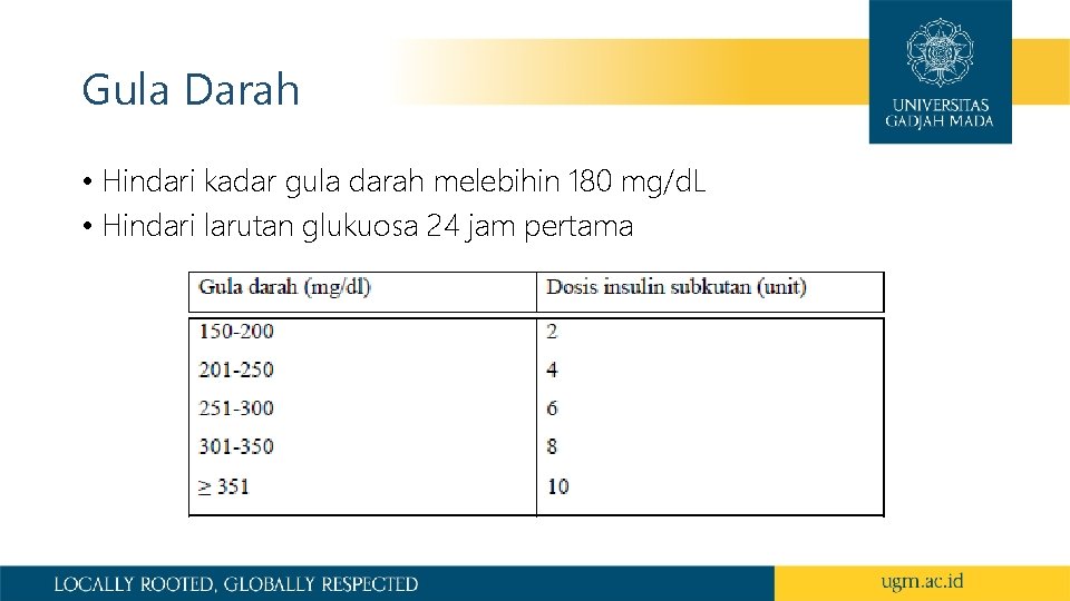 Gula Darah • Hindari kadar gula darah melebihin 180 mg/d. L • Hindari larutan