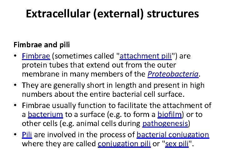 Extracellular (external) structures Fimbrae and pili • Fimbrae (sometimes called "attachment pili") are protein