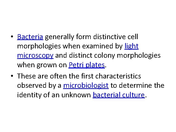  • Bacteria generally form distinctive cell morphologies when examined by light microscopy and