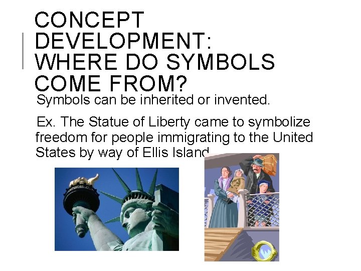 CONCEPT DEVELOPMENT: WHERE DO SYMBOLS COME FROM? Symbols can be inherited or invented. Ex.