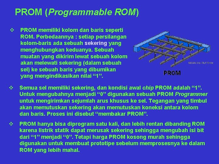 PROM (Programmable ROM) v PROM memiliki kolom dan baris seperti ROM. Perbedaannya : setiap