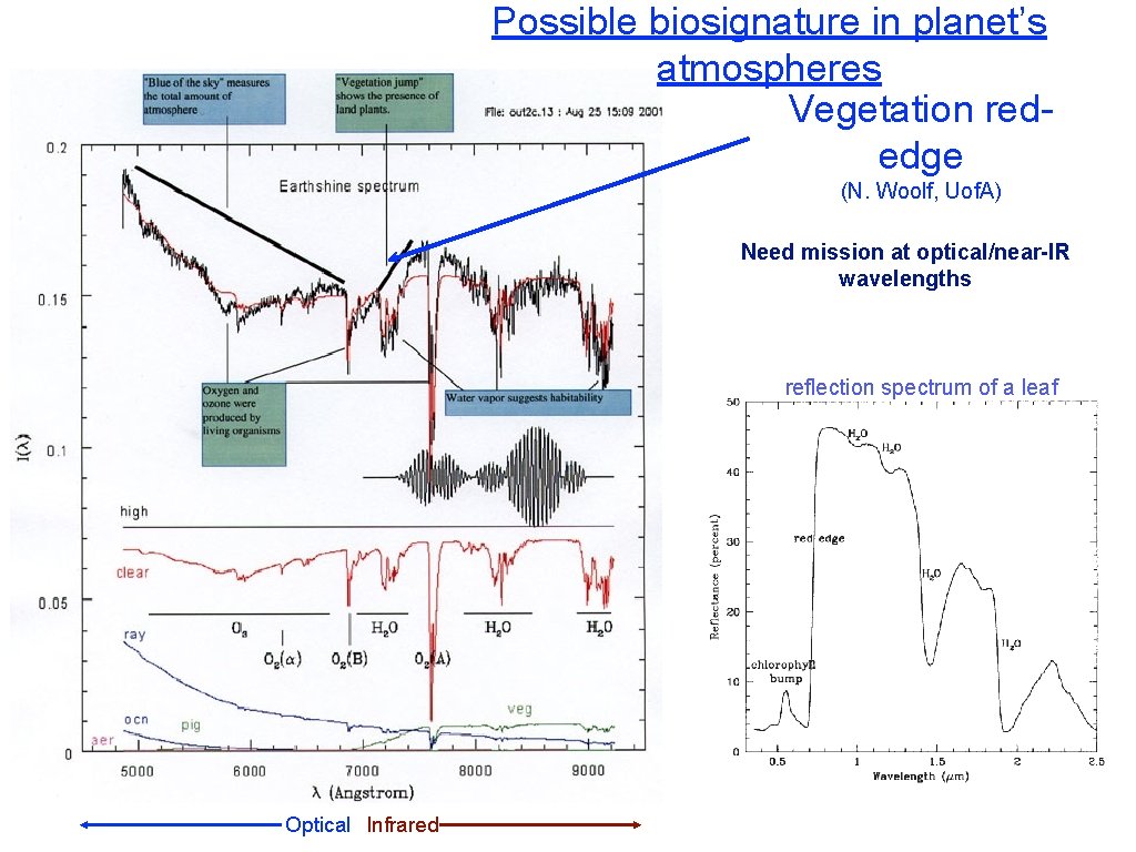 Possible biosignature in planet’s atmospheres Vegetation rededge (N. Woolf, Uof. A) Need mission at