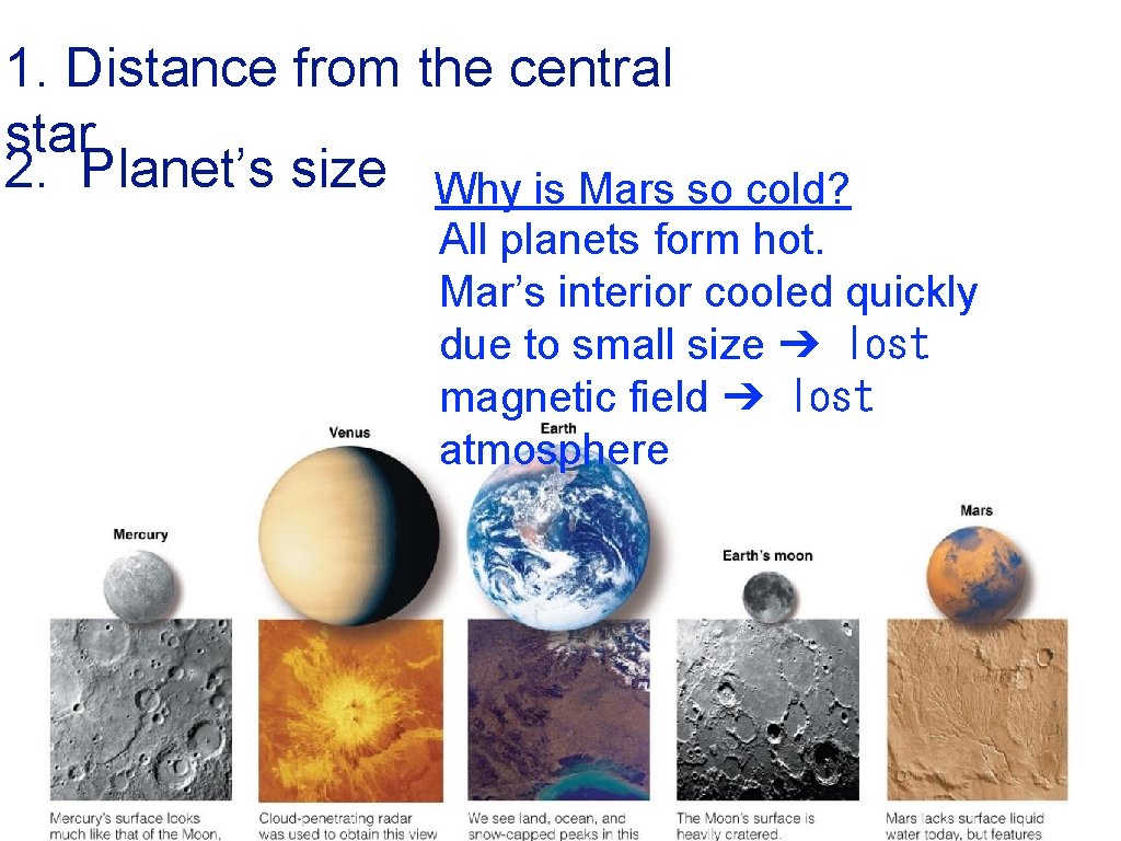 1. Distance from the central star 2. Planet’s size Why is Mars so cold?
