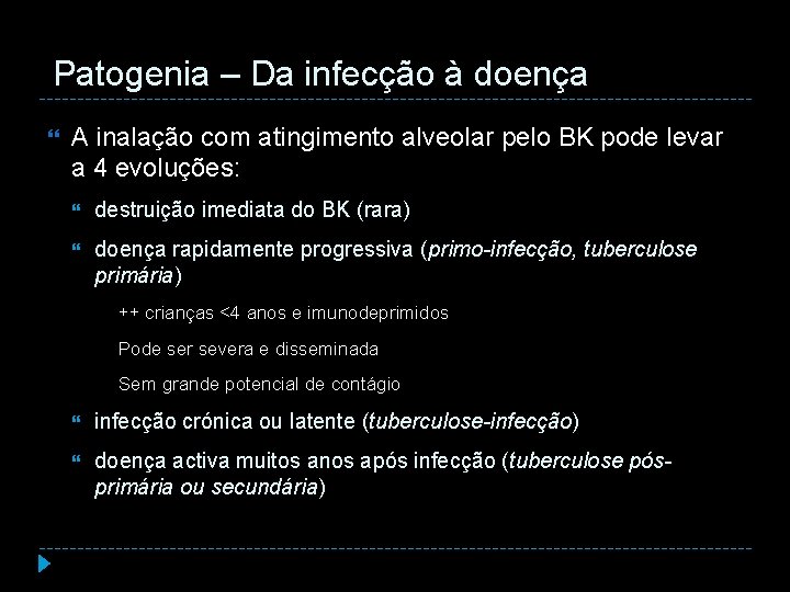 Patogenia – Da infecção à doença A inalação com atingimento alveolar pelo BK pode