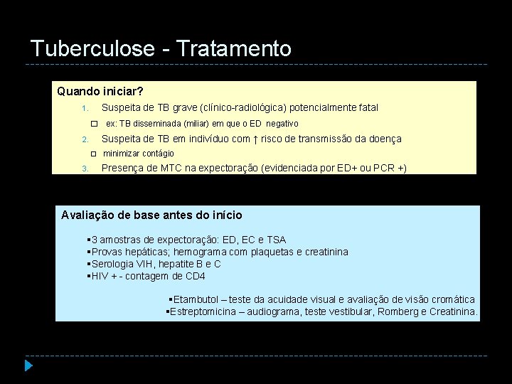 Tuberculose - Tratamento Quando iniciar? Suspeita de TB grave (clínico-radiológica) potencialmente fatal 1. �