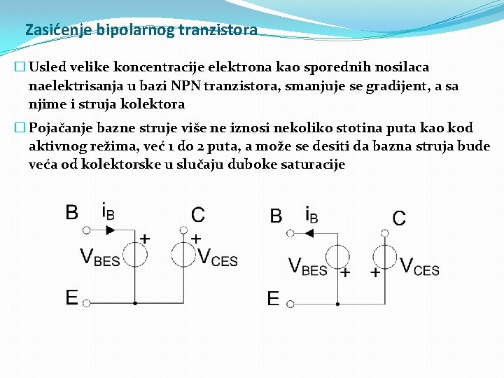 Zasićenje bipolarnog tranzistora � Usled velike koncentracije elektrona kao sporednih nosilaca naelektrisanja u bazi