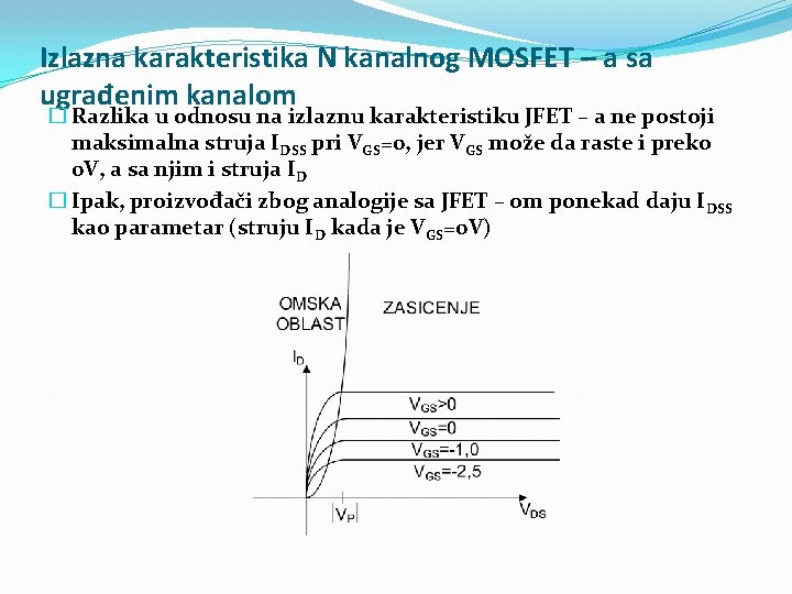 Izlazna karakteristika N kanalnog MOSFET – a sa ugrađenim kanalom � Razlika u odnosu