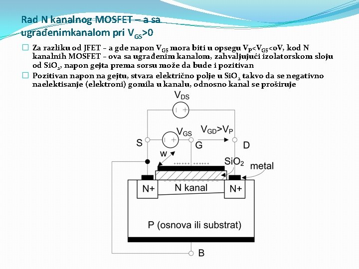 Rad N kanalnog MOSFET – a sa ugrađenimkanalom pri VGS>0 � Za razliku od