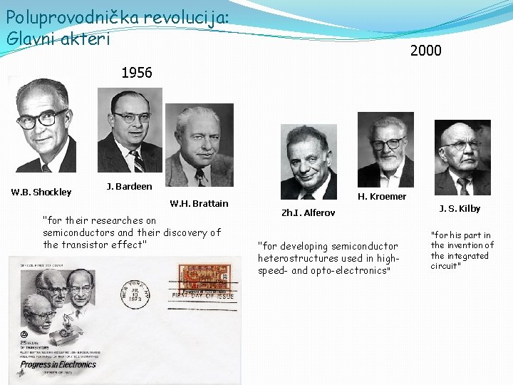 Poluprovodnička revolucija: Glavni akteri 2000 1956 W. B. Shockley J. Bardeen W. H. Brattain