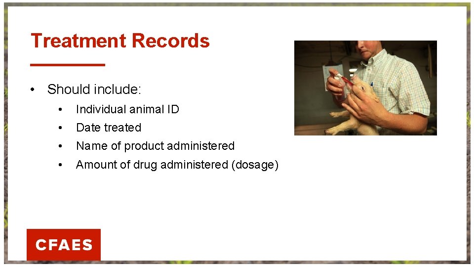 Treatment Records • Should include: • Individual animal ID • Date treated • Name