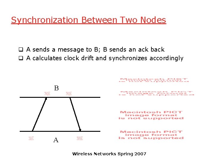 Synchronization Between Two Nodes q A sends a message to B; B sends an