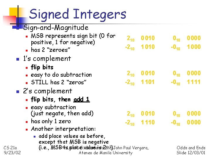 Signed Integers n Sign-and-Magnitude n n n 210 0 010 0 000 -210 1