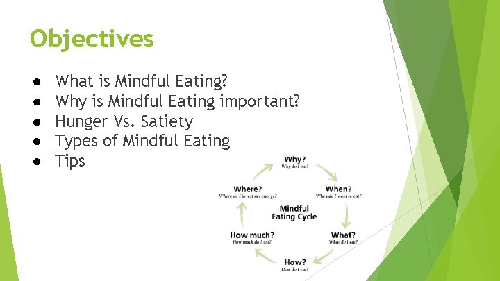 Objectives ● ● ● What is Mindful Eating? Why is Mindful Eating important? Hunger