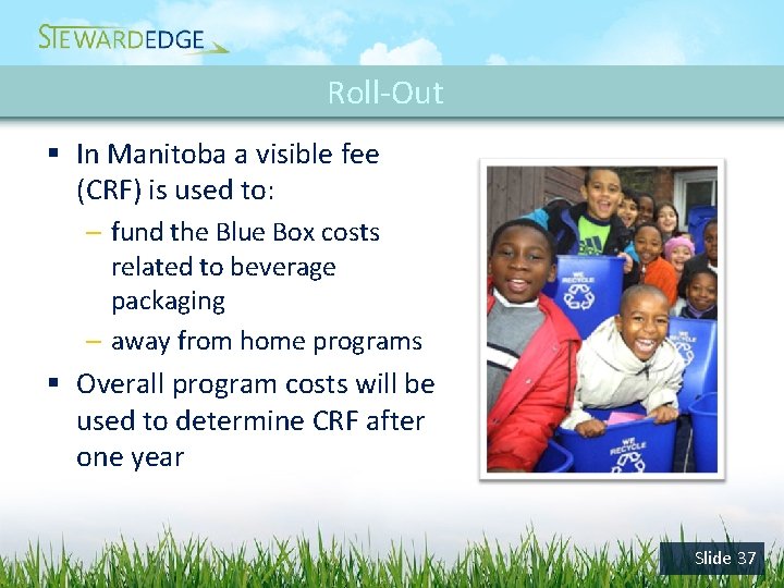 Roll-Out § In Manitoba a visible fee (CRF) is used to: – fund the