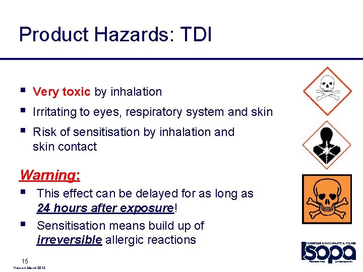 Product Hazards: TDI § § § Very toxic by inhalation Irritating to eyes, respiratory