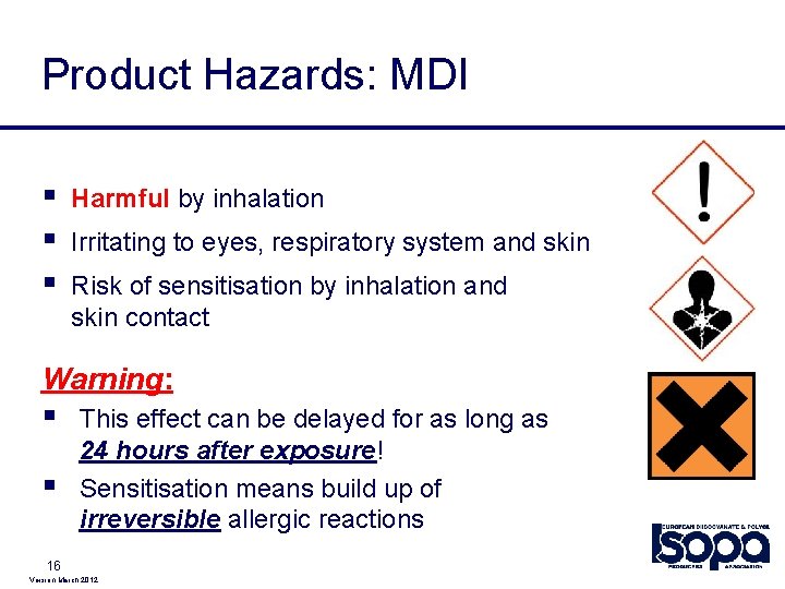 Product Hazards: MDI § § § Harmful by inhalation Irritating to eyes, respiratory system