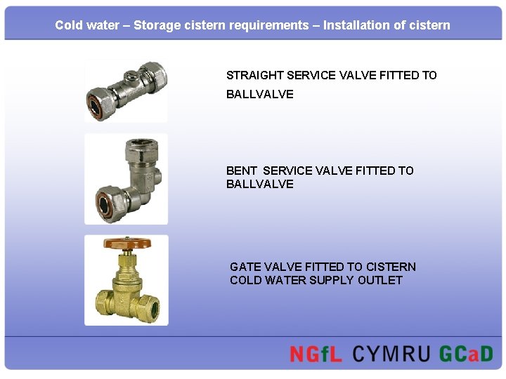 Cold water – Storage cistern requirements – Installation of cistern STRAIGHT SERVICE VALVE FITTED