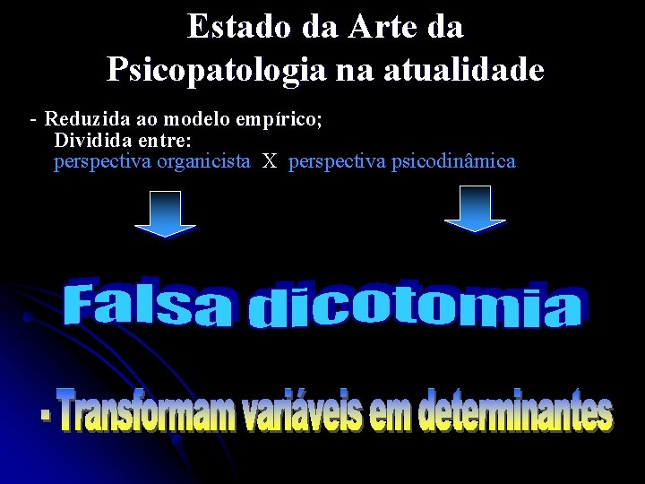 Estado da Arte da Psicopatologia na atualidade - Reduzida ao modelo empírico; Dividida entre: