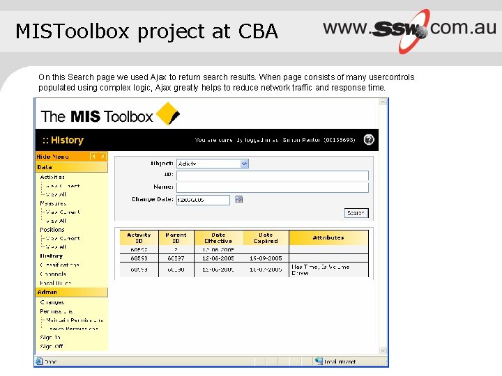 MISToolbox project at CBA On this Search page we used Ajax to return search