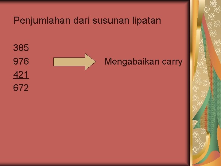 Penjumlahan dari susunan lipatan 385 976 421 672 Mengabaikan carry 