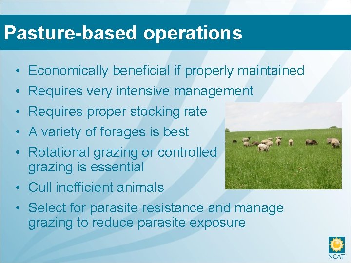 Pasture-based operations • • • Economically beneficial if properly maintained Requires very intensive management
