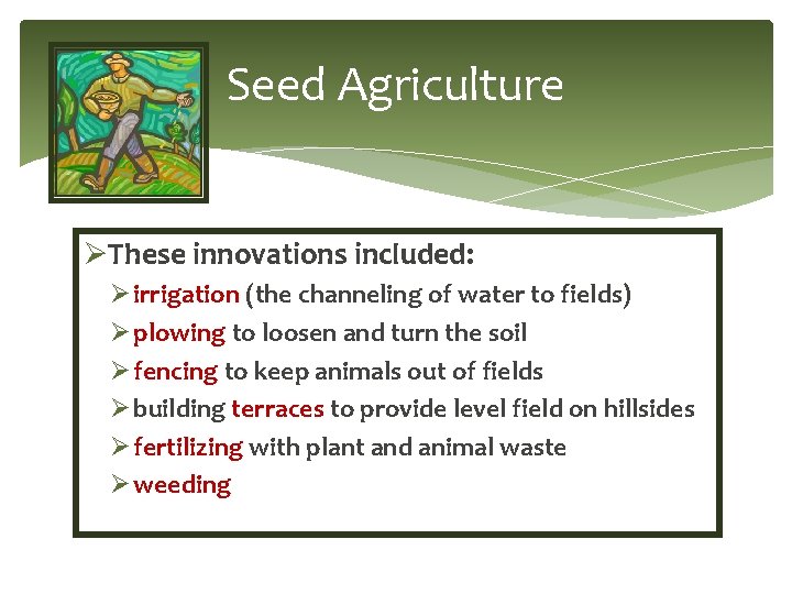 Seed Agriculture ØThese innovations included: Ø irrigation (the channeling of water to fields) Ø