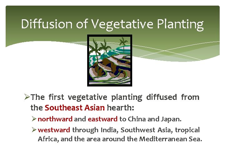 Diffusion of Vegetative Planting ØThe first vegetative planting diffused from the Southeast Asian hearth: