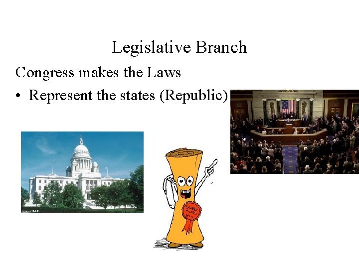 Legislative Branch Congress makes the Laws • Represent the states (Republic) 