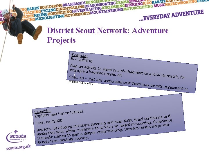 District Scout Network: Adventure Projects Example: Bivi buildin g. Plan an ac tivity to