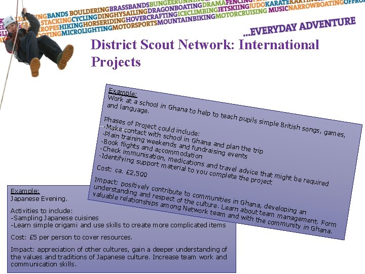 District Scout Network: International Projects Examp le: Work a t a sch oo and