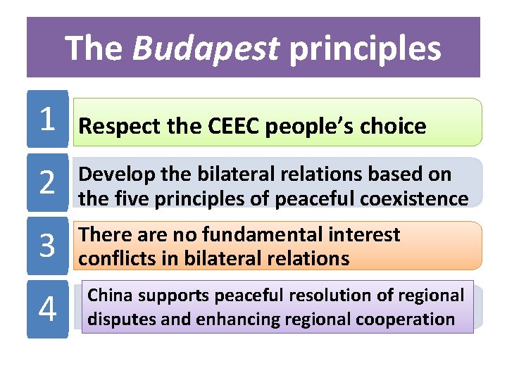The Budapest principles 1 Respect the CEEC people’s choice 2 Develop the bilateral relations