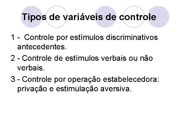 Tipos de variáveis de controle 1 - Controle por estímulos discriminativos antecedentes. 2 -