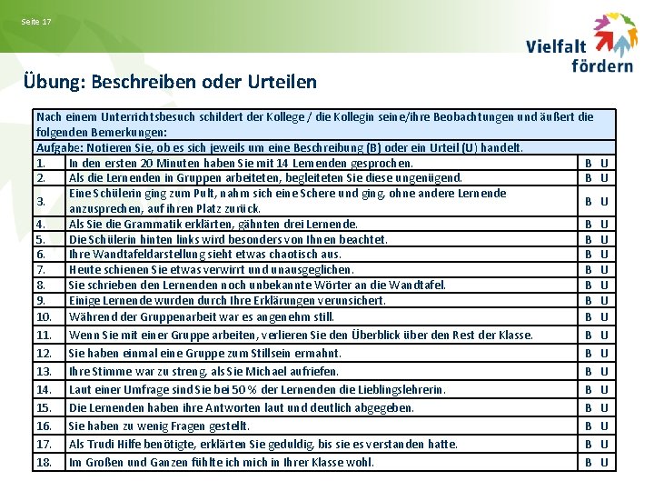 Seite 17 Übung: Beschreiben oder Urteilen Nach einem Unterrichtsbesuch schildert der Kollege / die