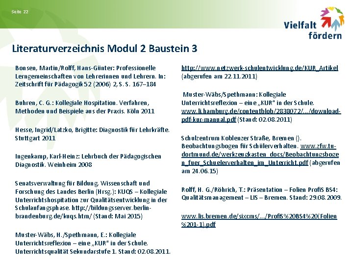 Seite 22 Literaturverzeichnis Modul 2 Baustein 3 Bonsen, Martin/Rolff, Hans-Günter: Professionelle Lerngemeinschaften von Lehrerinnen