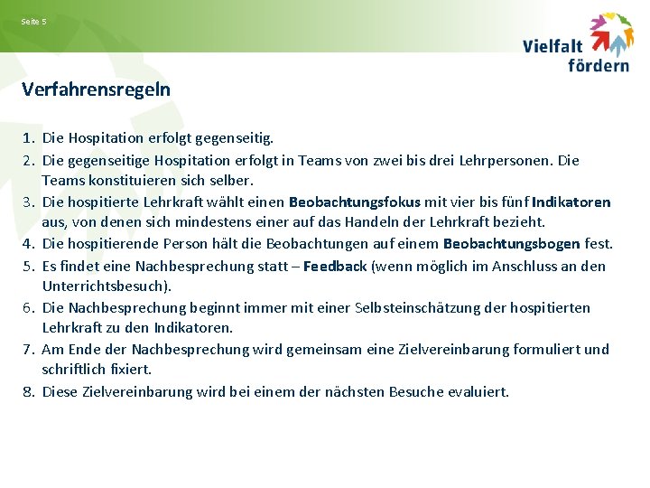 Seite 5 Verfahrensregeln 1. Die Hospitation erfolgt gegenseitig. 2. Die gegenseitige Hospitation erfolgt in