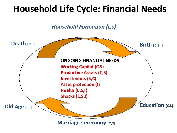 Household Life Cycle: Financial Needs Household Formation (c, s) Death (C, I) Birth (C,
