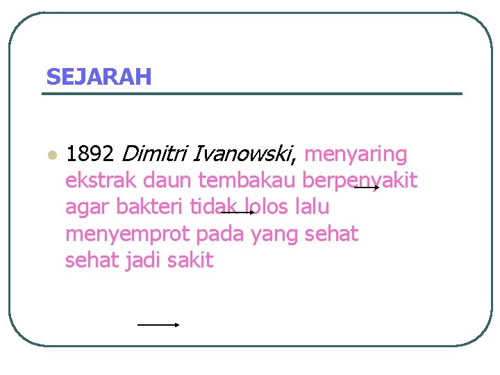 SEJARAH l 1892 Dimitri Ivanowski, menyaring ekstrak daun tembakau berpenyakit agar bakteri tidak lolos