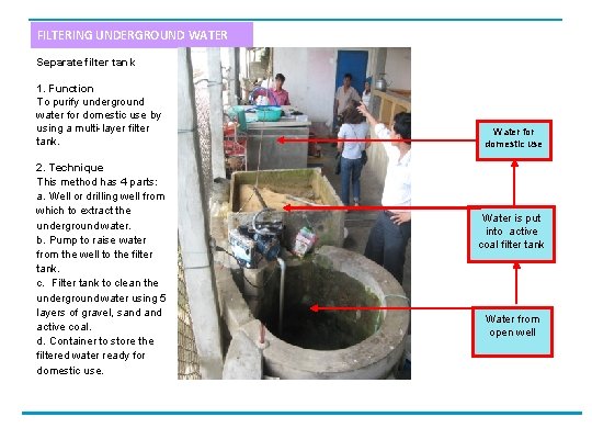 FILTERING UNDERGROUND WATER Separate filter tank 1. Function To purify underground water for domestic