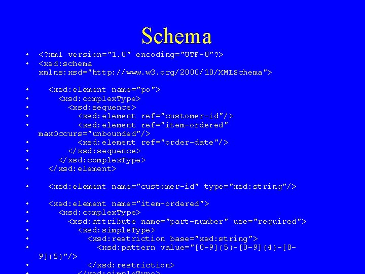 Schema • • <? xml version="1. 0" encoding="UTF-8"? > <xsd: schema xmlns: xsd="http: //www.