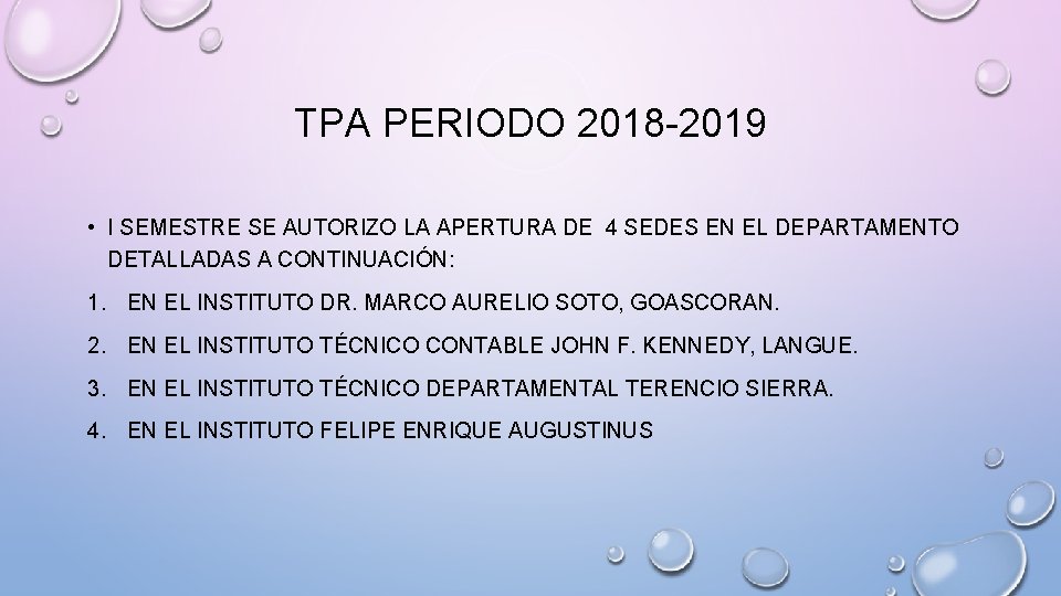 TPA PERIODO 2018 -2019 • I SEMESTRE SE AUTORIZO LA APERTURA DE 4 SEDES