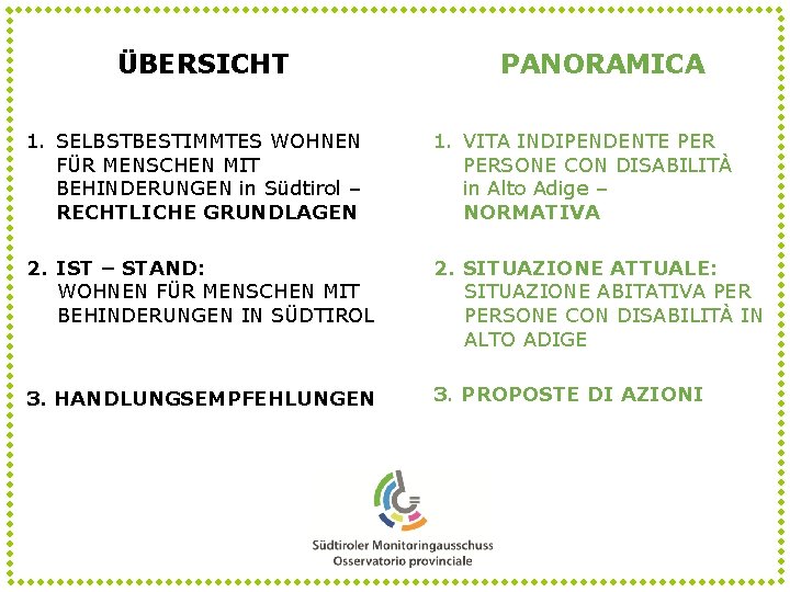 ÜBERSICHT PANORAMICA 1. SELBSTBESTIMMTES WOHNEN FÜR MENSCHEN MIT BEHINDERUNGEN in Südtirol – RECHTLICHE GRUNDLAGEN