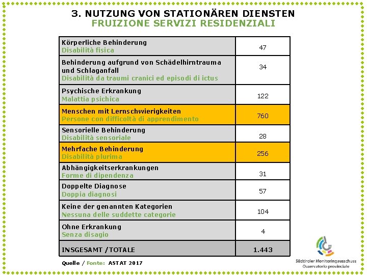 3. NUTZUNG VON STATIONÄREN DIENSTEN FRUIZIONE SERVIZI RESIDENZIALI Körperliche Behinderung Disabilità fisica Behinderung aufgrund