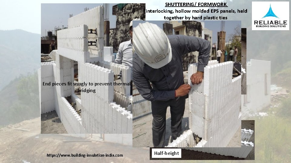 SHUTTERING/ FORMWORK (interlocking, hollow molded EPS panels, held together by hard plastic ties End